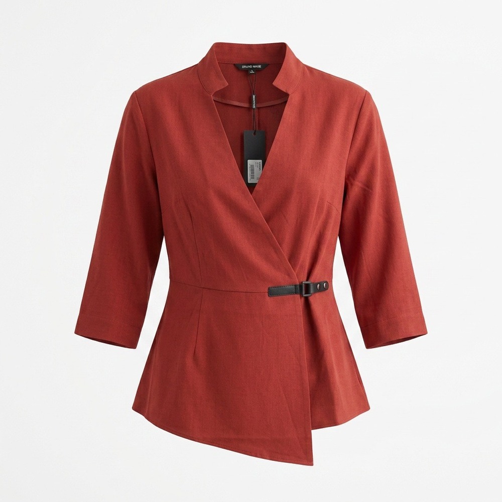 Misook Crimson Red Asymmetrical Buckle Wrap Peplum Blouse K7542G Medium NWT